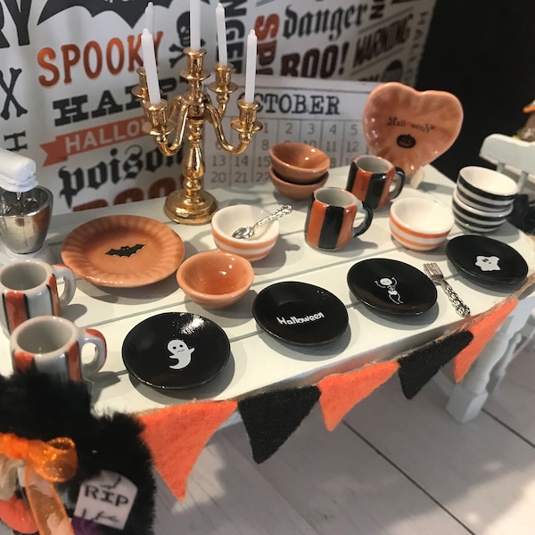 Miniature Spooky Halloween Dishes, Set of Four, Dollhouse Orange & Black Bowls, Mugs, Platters, 1:12, Diorama, Shadow Box, Fairy Garden