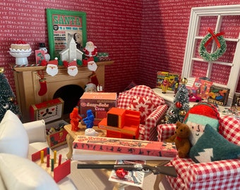 Mañana de Navidad en miniatura, Navidad en casa de muñecas, Juguetes especiales a escala 1:12, Horno, Robots, Pistola de aire comprimido, Muñecas, Caballo mecedora, Cofre de juguetes, Álbumes, Libros