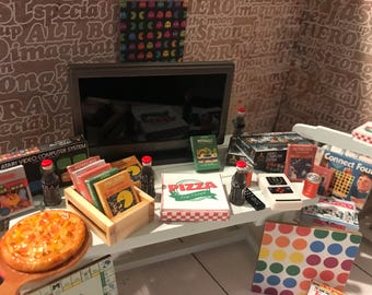 Miniature Game Console Box, Cartridges, Dollhouse TV, Games, Pizza, 1:12, Miniature Toy Boxes, 80&#39;s Kid Miniature Toys