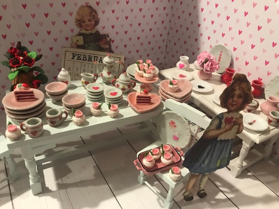 Miniature Valentine Tea Party, Dollhouse February 14th Miniature Cakes, Dishes, Flowers, 1:12