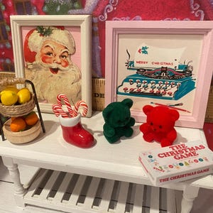 Miniature Christmas General Store, Dollhouse Signs, Firewood, Pinecones, Greenery, Cards, Candy Canes, DVD's Books, Albums, Santa, Art, 1:12 image 3