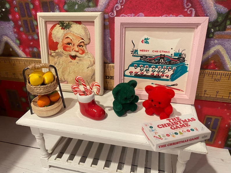 Miniature Christmas General Store, Dollhouse Signs, Firewood, Pinecones, Greenery, Cards, Candy Canes, DVD's Books, Albums, Santa, Art, 1:12 image 3