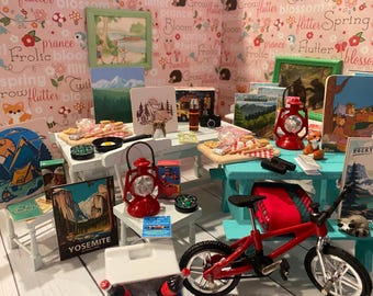 Miniature Camping & Cabin Accessories, Dollhouse Hiking and Woods, 1:12, Smores, Lantern, Compass, Mountain Bike, Binoculars, Camera, Map