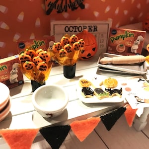Miniature Halloween Cookies, Cookie Bouquet, 1:12, Candy Corn, Cookie Sheet Pan, Cookie Dough Box, Dollhouse Kitchen Supplies, Rolling Pin