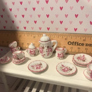 Miniature Valentine Tea Party, Dollhouse February 14th Miniature Cakes, Dishes, Flowers, 1:12 Tea Set w/Dishes