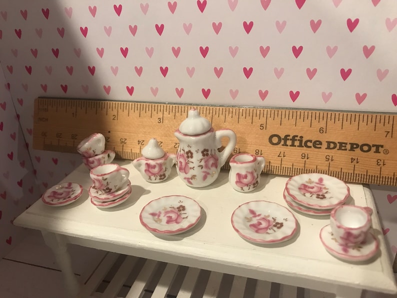 Miniature Valentine Tea Party, Dollhouse February 14th Miniature Cakes, Dishes, Flowers, 1:12 Tea Set w/Dishes