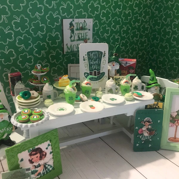 Miniature St. Patrick's Day Dishes, 1:12 Shamrock Cocoa, Donuts, Cookies, Shakes, Dollhouse Art, Books, Food Boxes, Books, Toy Boxes
