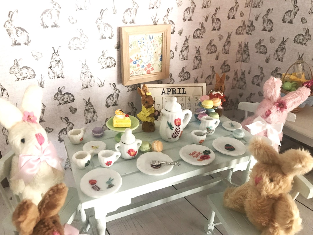 Miniature Easter Tea Party, Dollhouse Bunny Rabbit Tea Set, Easter ...