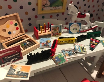 Miniature Toys and Books, Dollhouse Toys and Minis, Birthday, Everyday, 1:12, Gumball Machine, Trains, Xylophone, Rocking Horse, Croquet
