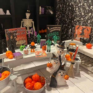 Miniatuur Halloween-magiewinkelbenodigdheden, vintage poppenhuis-spookhuisdecoraties, 1:12, heks, Frankenstein, spook, pompoenbeeldje