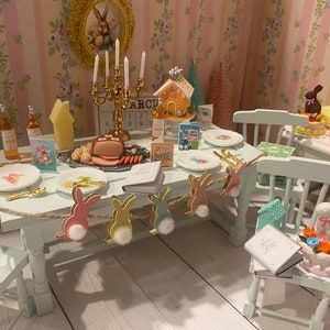 Easter Dinner, Dollhouse Easter Feast, Ham, Wine, Easter Cakes & Gingerbread House, 1:12 Plates, Easter Art, Cards, Banner, Easter Village