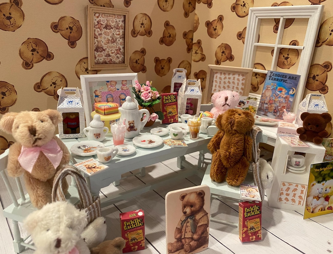 Miniature Teddy Bear Tea Party, Dollhouse Jointed Flocked Teddy