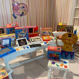 Retro and Vintage Miniature Toys, Throwback Dollhouse Toys and Minis, Birthday, Everyday, 1:12, Robots, Play Desk, Oven, Alphabet, Games