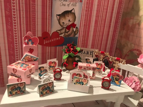 Miniature Valentine Cards Boxed Set of 12, Dollhouse Valentine, Miniature Mailbox, Phone, Clock, 1:12 Scale