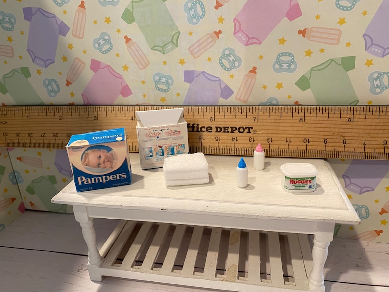 Miniature Baby Shower, Dollhouse Baby Accessories, 1:12 Nursery Items, Baby Wipes, Diapers, Bottles, Shower Games, Toys, Art, Books, Plates image 3
