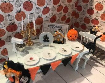 Miniature Halloween Dishes, Spooky Dollhouse Plates, Mugs, Platters, 1:12