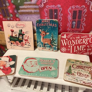 Miniature Christmas General Store, Dollhouse Signs, Firewood, Pinecones, Greenery, Cards, Candy Canes, DVD's Books, Albums, Santa, Art, 1:12 image 9