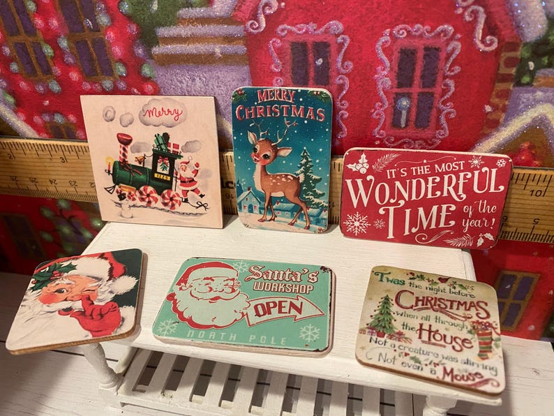 Miniature Christmas General Store, Dollhouse Signs, Firewood, Pinecones, Greenery, Cards, Candy Canes, DVD's Books, Albums, Santa, Art, 1:12 image 9