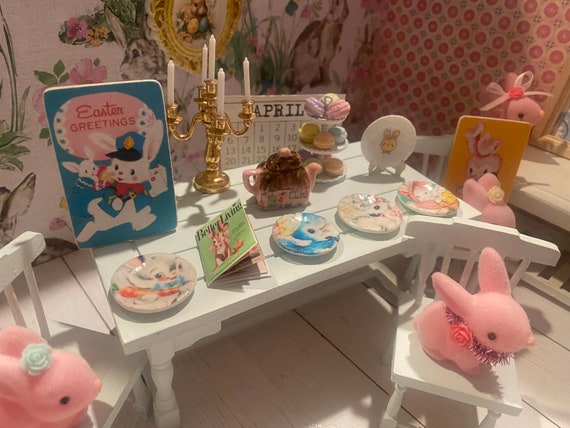Miniature Easter Dishes, Into the Garden Dollhouse Tea, Flocked Bunnies, 1:12, Easter & Spring Accessory, Tea Pot, Art, Magazine, Cookies