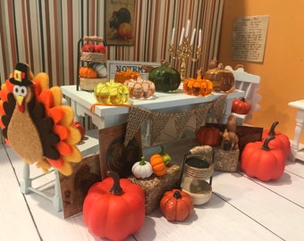 Miniature Thanksgiving Decoration, Pumpkins, Turkey Chair Backer, Squirrels, Dollhouse Accessory, 1:12 Scale, Fairy Garden, Diorama