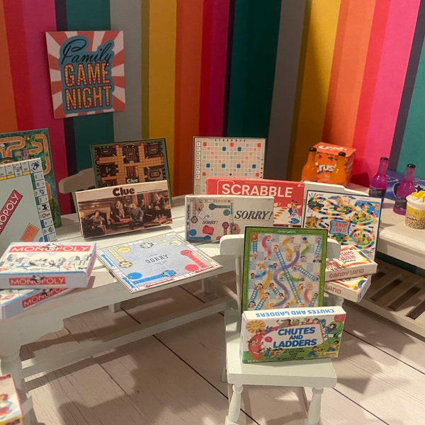 Miniature Board Games, Dollhouse Family Game Night, 1:12, Game Boxes & Boards, Popcorn, Soda Bottles, Soda Boxes, Classic Games
