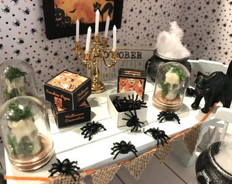 Miniature Spiders, Bats, Cats, Skulls, Cauldrons, Dollhouse Halloween Decorations, Props, 1:12