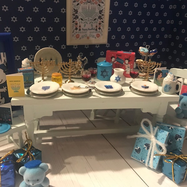 Miniaturas de Hanukkah, Menorá de casa de muñecas, Caja de velas, 1:12, Cacao caliente, Platos, Donuts, Ositos de peluche Yarmulke, Libros, Regalos, Juego de té, Tarjetas