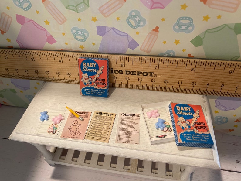 Miniature Baby Shower, Dollhouse Baby Accessories, 1:12 Nursery Items, Baby Wipes, Diapers, Bottles, Shower Games, Toys, Art, Books, Plates Baby Shower Game