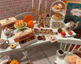 Miniature Thanksgiving Hot Cocoa & Fall Dollhouse Treats, Donuts, Hot Cider, 1:12 Books, Fall, Harvest Miniatures, Rake, Leaves, Art, Words