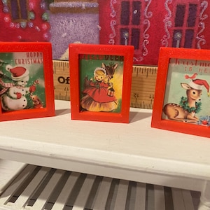 Miniature Christmas General Store, Dollhouse Signs, Firewood, Pinecones, Greenery, Cards, Candy Canes, DVD's Books, Albums, Santa, Art, 1:12 3 Red Frame Art Set