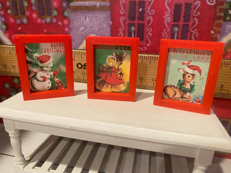 Miniature Christmas General Store, Dollhouse Signs, Firewood, Pinecones, Greenery, Cards, Candy Canes, DVD's Books, Albums, Santa, Art, 1:12 3 Red Frame Art Set