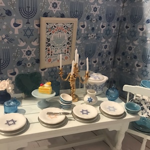 Miniature Judaic Dishware, Hanukkah Accessory, 1:12, Dollhouse Blue Everyday Dishes, Platters, Vases, Candy Jars, Pie Dish, Crocks, Tea Set