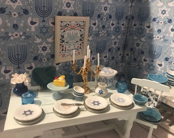 Miniature Judaic Dishware, Hanukkah Accessory, 1:12, Dollhouse Blue Everyday Dishes, Platters, Vases, Candy Jars, Pie Dish, Crocks, Tea Set