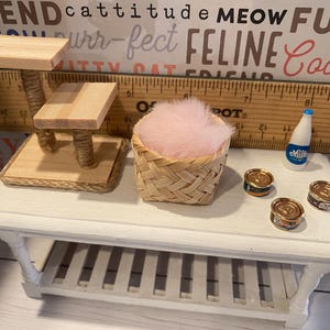Miniature Cats, Kitty Cat Dishes, Dollhouse Cat Food, 1:12, Yarn, Cat Tower, Cat Basket, Signs, Fairy Garden, Diorama, Shadow Box image 6