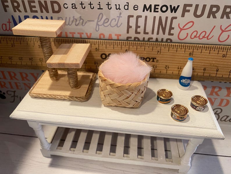 Miniature Cats, Kitty Cat Dishes, Dollhouse Cat Food, 1:12, Yarn, Cat Tower, Cat Basket, Signs, Fairy Garden, Diorama, Shadow Box image 6