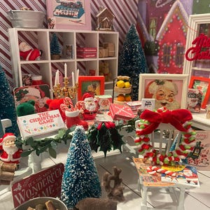 Miniature Christmas General Store, Dollhouse Signs, Firewood, Pinecones, Greenery, Cards, Candy Canes, DVD's Books, Albums, Santa, Art, 1:12 image 1