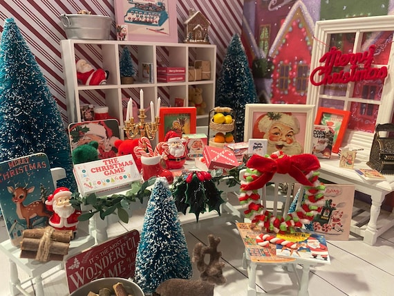 Miniature Christmas General Store, Dollhouse Signs, Firewood, Pinecones, Greenery, Cards, Candy Canes, DVD's Books, Albums, Santa, Art, 1:12