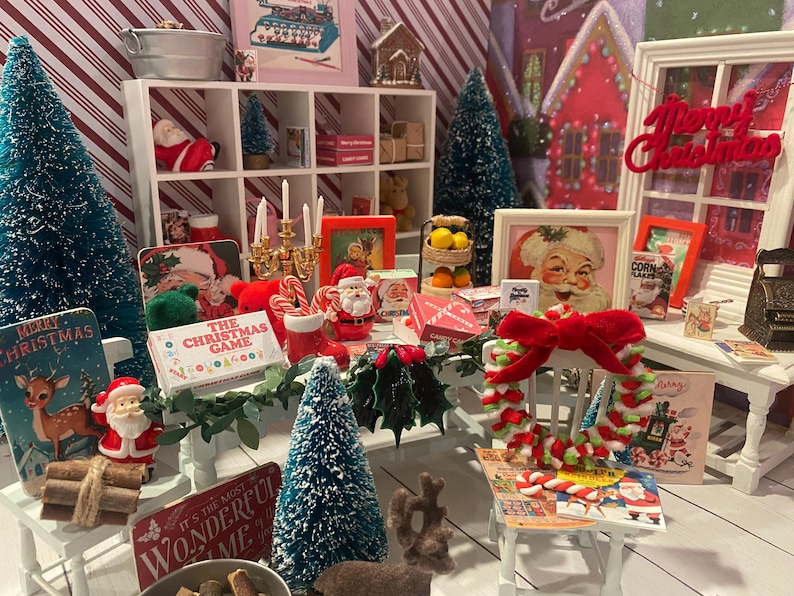 Miniature Christmas General Store, Dollhouse Signs, Firewood, Pinecones, Greenery, Cards, Candy Canes, DVD's Books, Albums, Santa, Art, 1:12 image 1
