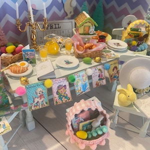 Miniatur Osterbrunch, Puppenhaus Ostereiersuche & Ostermorgen, 1:12 Designer Osterkörbchen, Gras, Goldenes Ei, Osterdeko