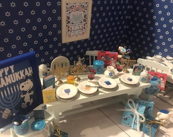 Hanukkah Miniatures, Dollhouse Menorah, Candle Box, 1:12, Hot Cocoa, Dishes, Donuts, Yarmulke Teddy Bears, Books, Gifts, Tea Set, Cards
