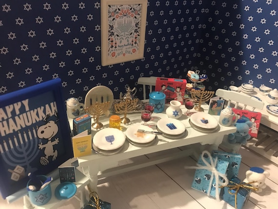 Hanukkah Miniatures, Dollhouse Menorah, Candle Box, 1:12, Hot Cocoa, Dishes, Donuts, Yarmulke Teddy Bears, Books, Gifts, Tea Set, Cards