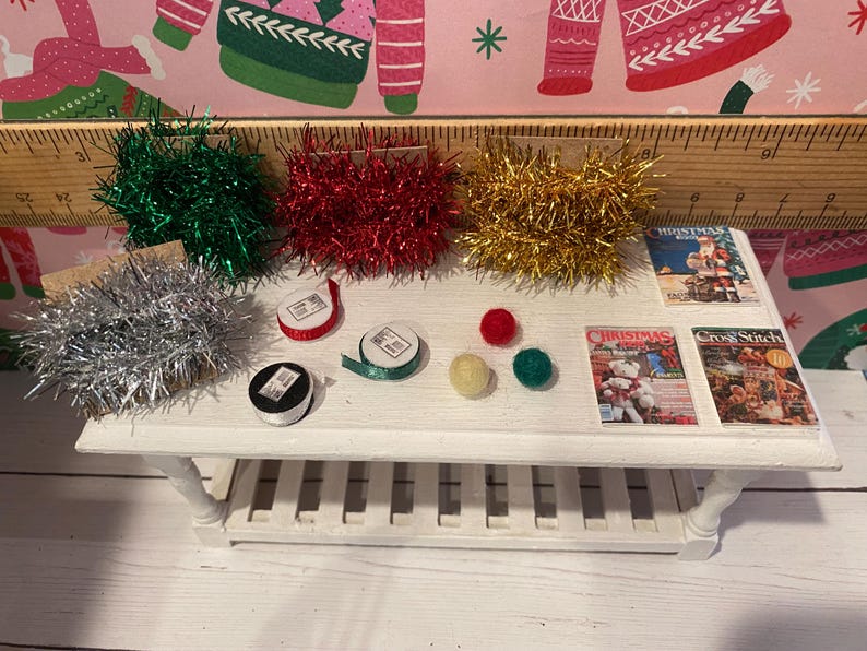 Miniature Christmas Craft Shop, Santa's Sewing, 1:12 Dollhouse Sewing Machine, Fabric, Patterns, Thread, Ribbons, Self Heal Mat, Idea Board image 6