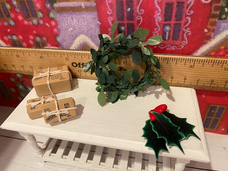 Miniature Christmas General Store, Dollhouse Signs, Firewood, Pinecones, Greenery, Cards, Candy Canes, DVD's Books, Albums, Santa, Art, 1:12 image 10