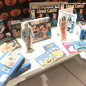 Miniature Halloween Games, Books, 1:12, Dollhouse Fall and Halloween, Spooky Albums, Paper Dolls, Halloween DVD&#39;s, Newspaper w/Halloween Ads