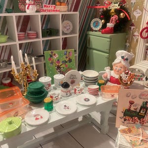 Mrs. Clause's Christmas Cupboard, Miniature Christmas Kitchenware, Dollhouse Food Storage, Red and Green Ceramic, Holiday Dishes, 1:12