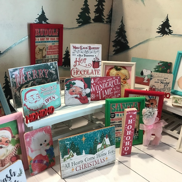 Miniature Christmas Wood Signs, Christmas and Holiday Dollhouse Framed Art, 1:12, Fairy Garden, Diorama, Shadow Box