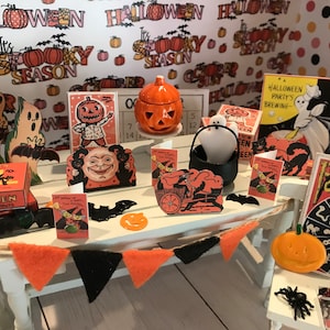 Miniature Halloween Party, 1:12 Halloween Supplies, Dollhouse Party Decor, Apple Bobbing, Donuts on a String, Cakes, Candy, Caramel Apples