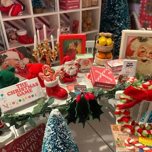 Miniature Christmas General Store, Dollhouse Signs, Firewood, Pinecones, Greenery, Cards, Candy Canes, DVD's Books, Albums, Santa, Art, 1:12 image 2