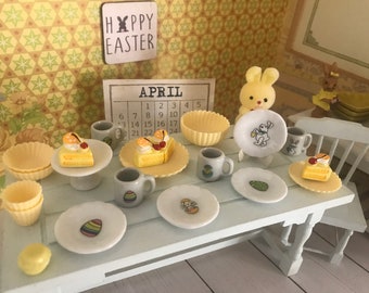 Miniature Easter & Spring Dishware, Dollhouse Plates, Mugs, 1:12 Scale