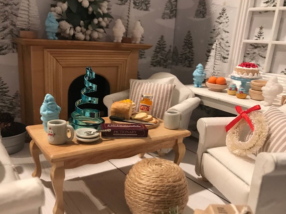 Miniature Winter Accessories, Wintry Dollhouse, Blue/White Santa, Fireplace, Packages, Wood Bowls, Shadow Box, Diorama, Fairy Garden, 1:12
